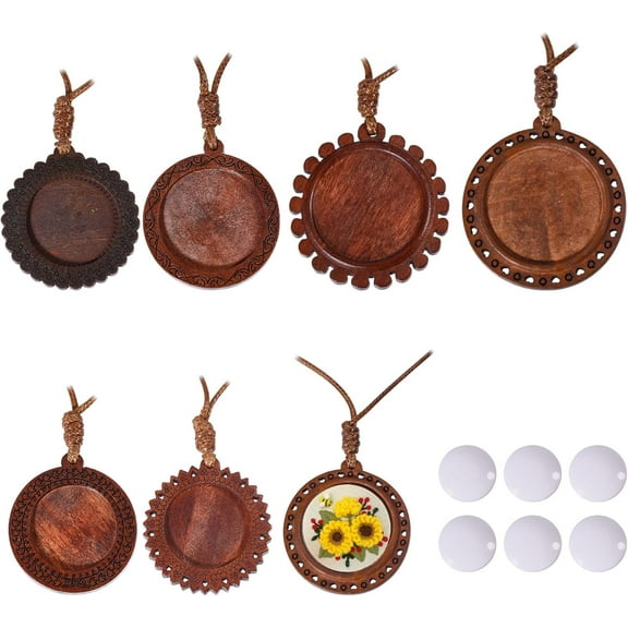 1 Set 6 Sets Wood Necklace Embroidery Pendant Tray Set Embroidery Pendant Kit Round Bezel Pendant Trays Pendant Blank Frame with Chain for Embroidery DIY Jewelry Making Crafts Projects