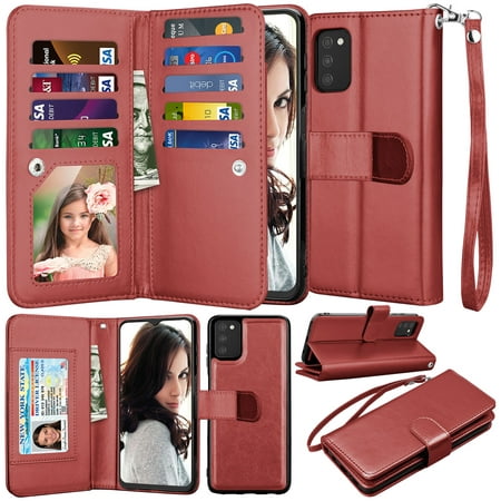 Samsung Galaxy A03S Phone Case, Leather Wallet Case for Galaxy A03S, Ebizware Credit Card Holder Folio Flip [Detachable] Kickstand Magnetic Cover & Lanyard for Women Men [Wine Red]
