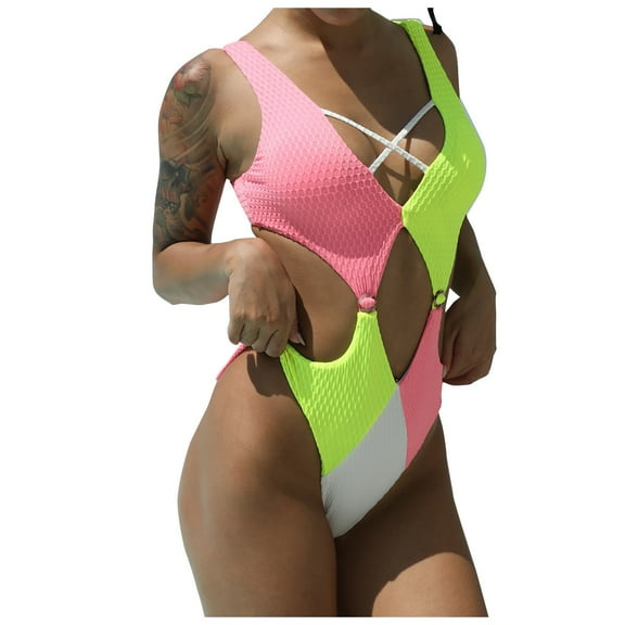 QLEICOM Womens Swimsuits Tummy Control Plus Size Swimsuit Coverup One-Piece Swimwear Patchwork Color Swimsuit Bikini Swimming Beachwear Green S