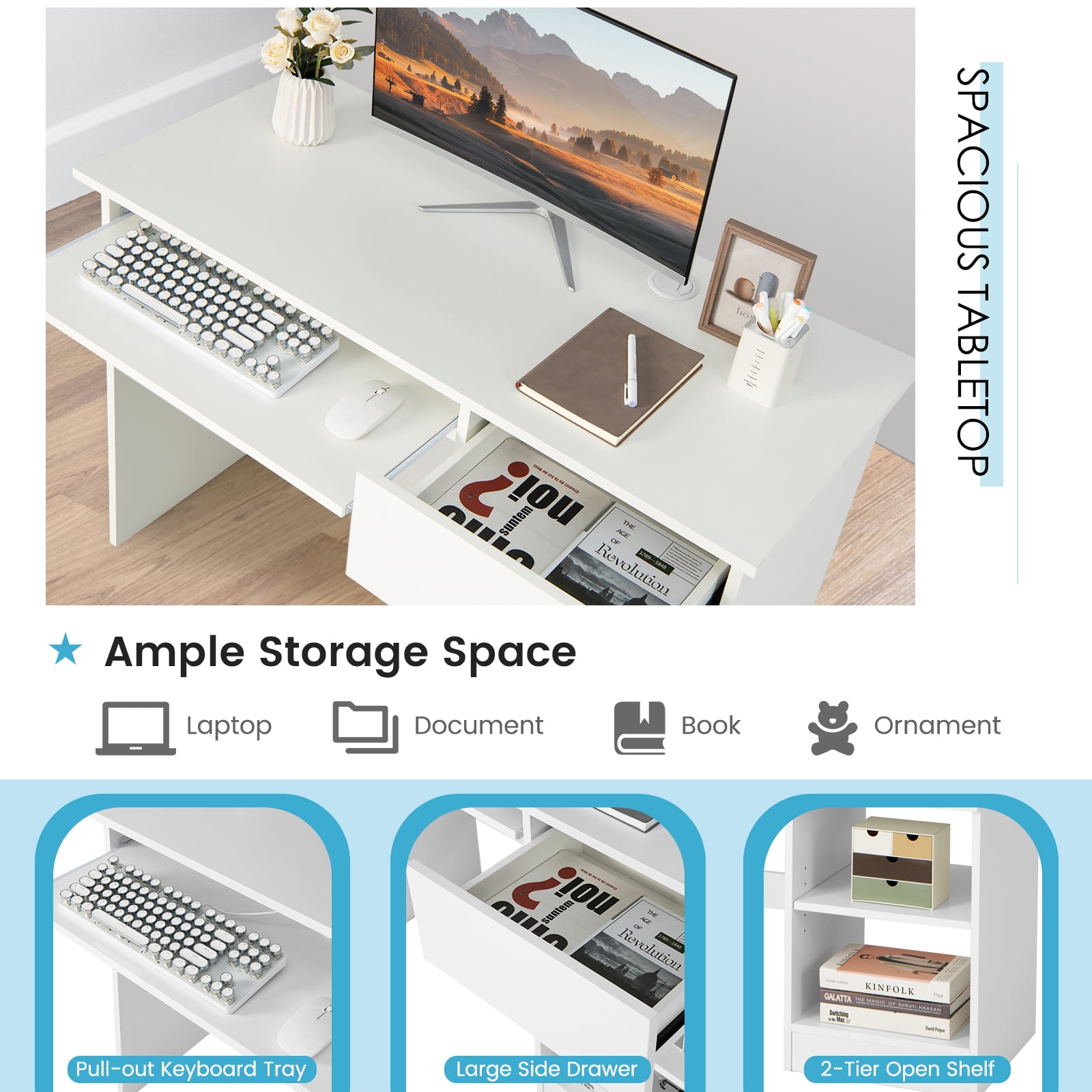 Giantex Computer Desk w/Keyboard Tray, Home Office Desk w/Cable Hole, Study Desk, Modern Writing Workstation, White
