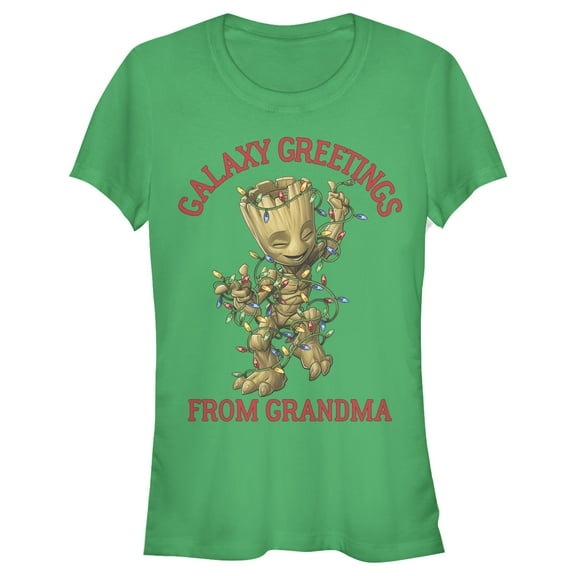Junior's Marvel Christmas Groot Galaxy Greetings Grandma  Graphic Tee Kelly Green X Large