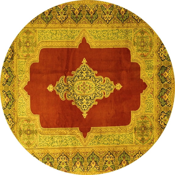 Ahgly Company Machine Washable Indoor Round Medallion Yellow Traditional Area Rugs, 5' Round