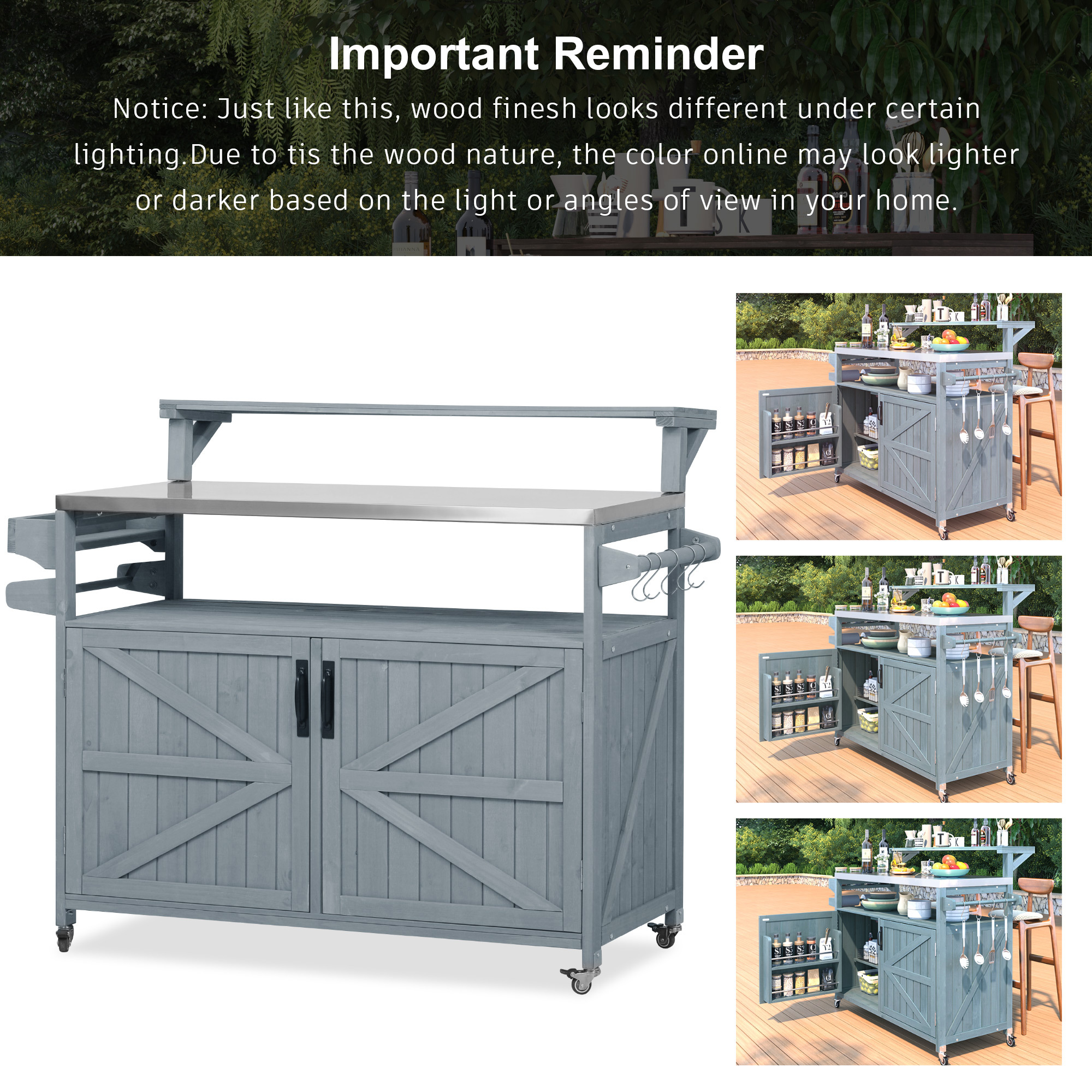 Euroco 53" Outdoor Kitchen Island with Raised Shelf, Rolling Grill Cart with Stainless Steel Top,Internal Storage Rack, Adjustable Shelf & Spice Rack,Mobile Portable Island for Indoor Outdoor,Blue