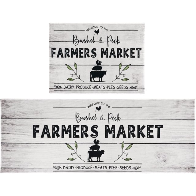 Farmhouse Kitchen Rugs Set 2 Piece Stacked Farm Animals Wooden