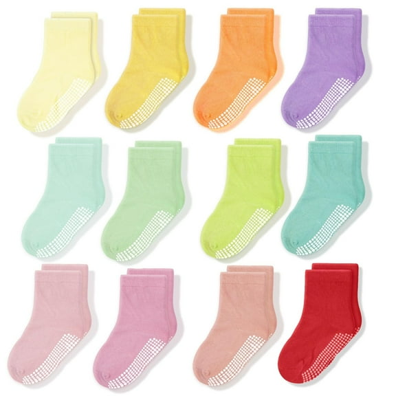 CozyWay Crew Grip Youth Socks - Non-Slip Grip Socks for Kids - Combed Cotton & Cotton Toddler Pairs - All-Day Comfort & Baby Pairs with Traction for 5-7 Years, Multicolor, Pack of 12