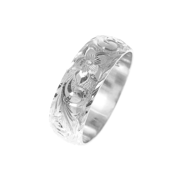 14k white gold hand engraved Hawaiian plumeria scroll band ring diamond cut edge 8mm