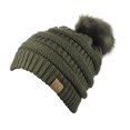 thumbnail image 2 of NYFASHION101 Exclusive Soft Stretch Cable Knit Faux Fur Pom Pom Beanie Hat - Dark Olive Pom, 2 of 2