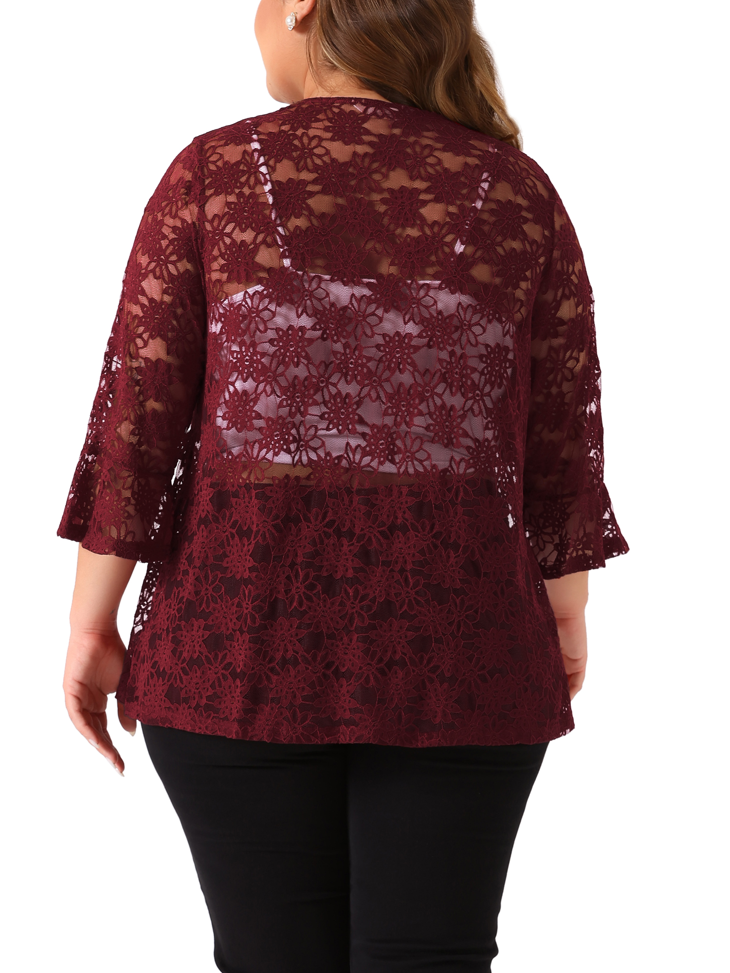 DARING DIVA Women's Plus Size Open Front 3/4 Sleeve Sheer Lace Cardigan 4X Burgundy