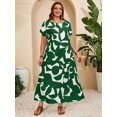 thumbnail image 2 of Green Abstract Leaf Print Round Neck Short Sleeve Maxi Casual Dress For Women, 2 of 8