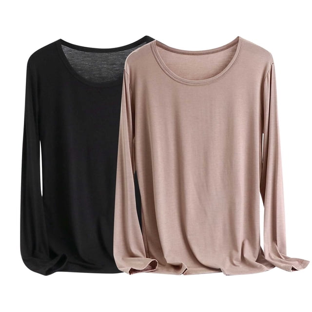 Timegard Plus Size Tops for Women 2pc Round Neck Lightweight Comfy Solid Color Loungewear Long Sleeve Top
