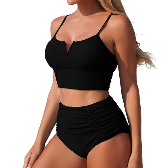 Afdoent Women's Tankini Swimsuits Solid Color Two Piece Swimwear High Waisted Tankini With Bottoms For Swimming Beach Trendy Beach Swimwear