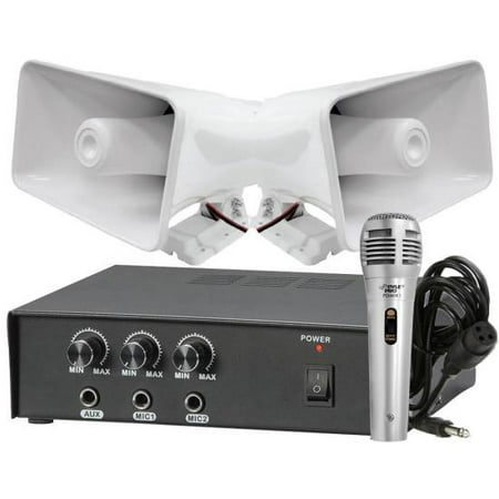 - Pyle 50 Watt PA Power Amplifier W/ Pair of 8'' Indoor / Outdoor 65 Watt PA Horn Speakers & Handheld Microphone w/ 6.5ft Cable