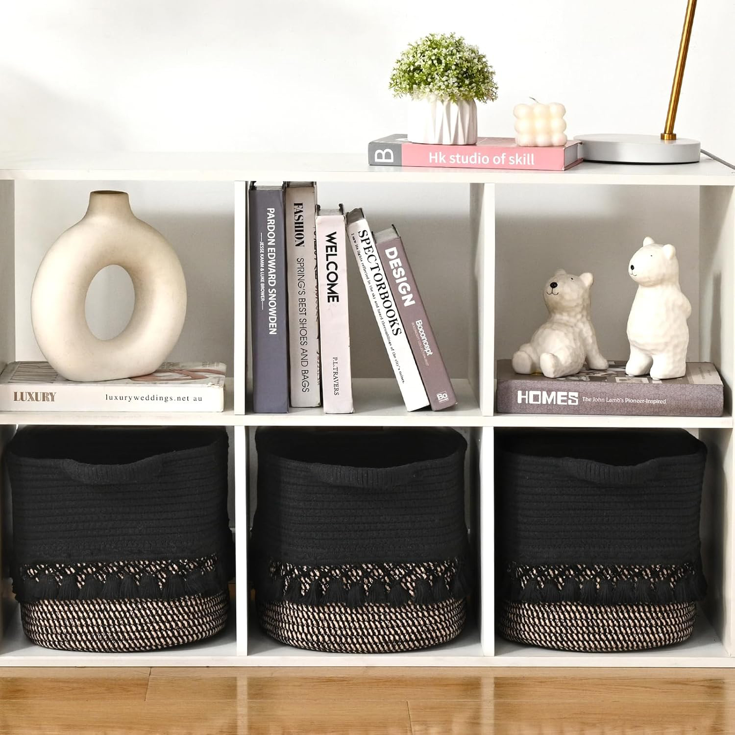 Natubeau 3 Pack Woven Storage Baskets, Black 22L Large Storage Basket for Organizing, Cotton Rope Storage Bins with Heavy Tassel, Cube Laundry Baskets