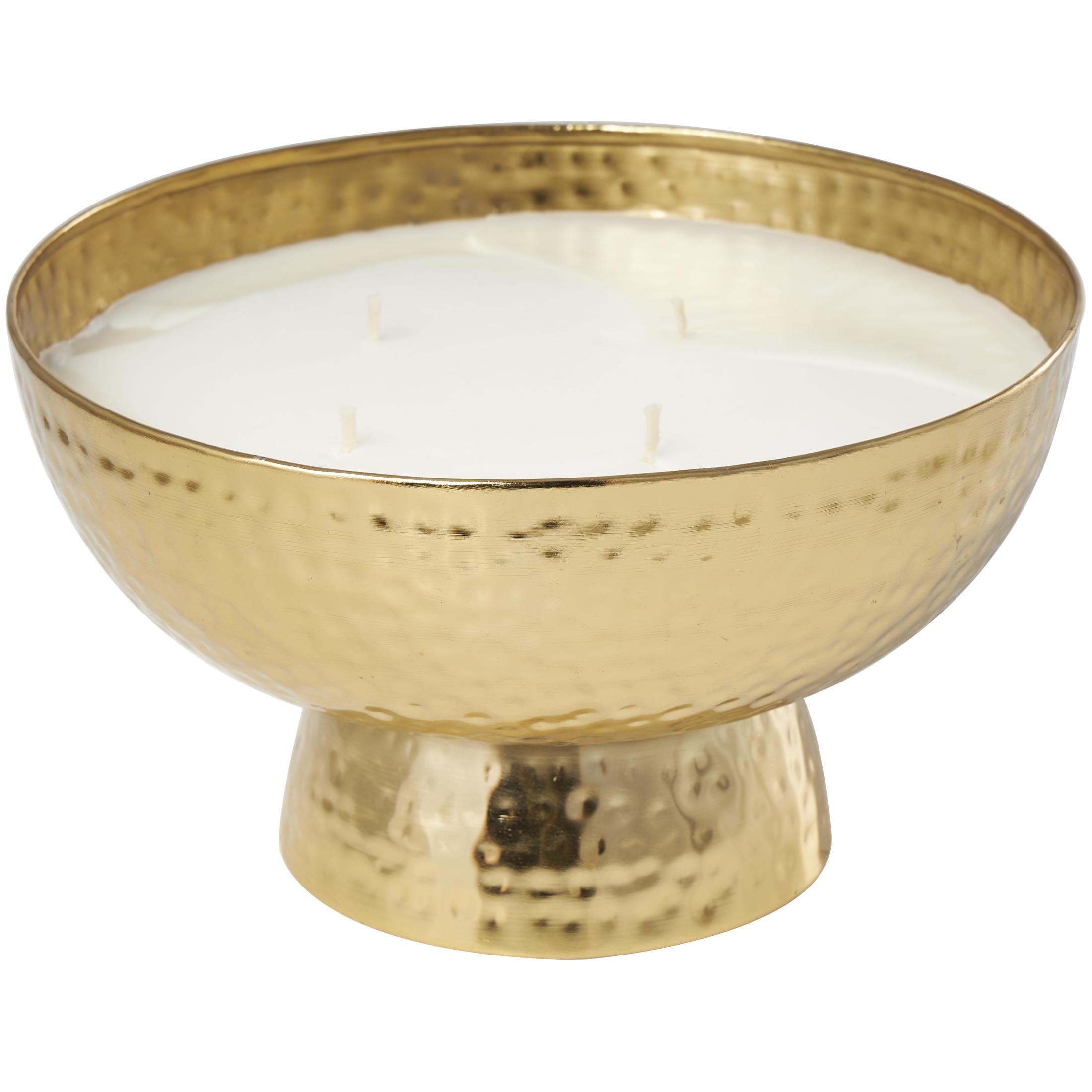 DecMode Gold Metal English Garden Scented Wide Hammered 70 oz 4 Wick Candle with White Wax