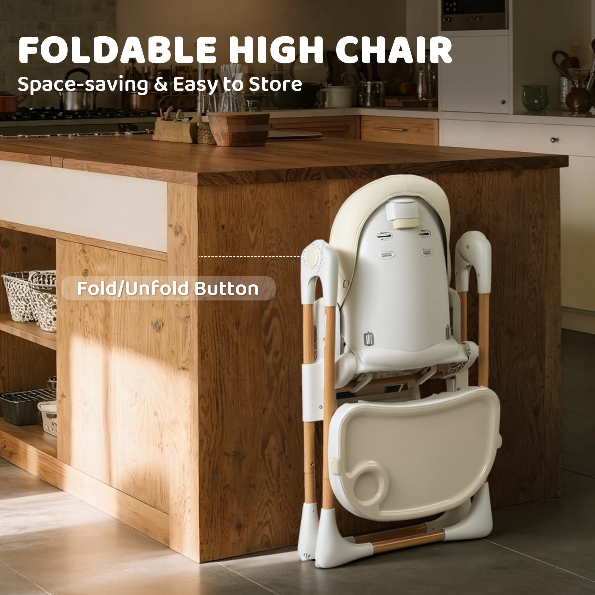 AILEEKISS Foldable High Chair for Baby, Toddler Eating Chair with Detachable Double Trays, Natural Beige