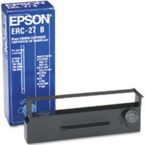 cinta epson erc-27b de tinta negra para impresora tm-u290 tm-u295 OEM Epson, vista frontal centrada de la carcasa rectangular negra con engranaje lateral y cinta visible, caja azul con logo Epson al fondo; suele usarse como reemplazo para impresoras de punto de venta.