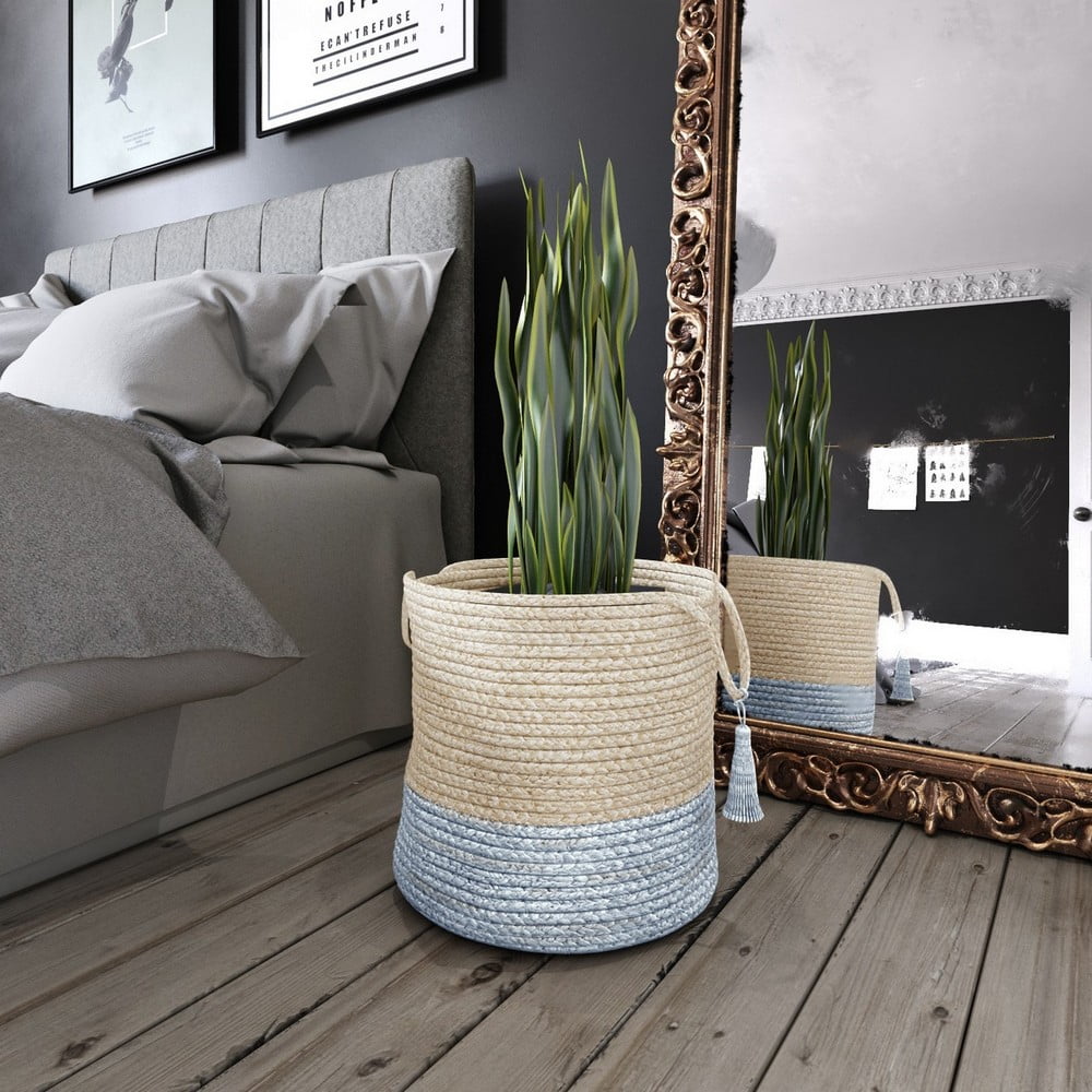 LR Home Woven Round Jute 17" Storage Basket with Handles, Blue/White Stripe