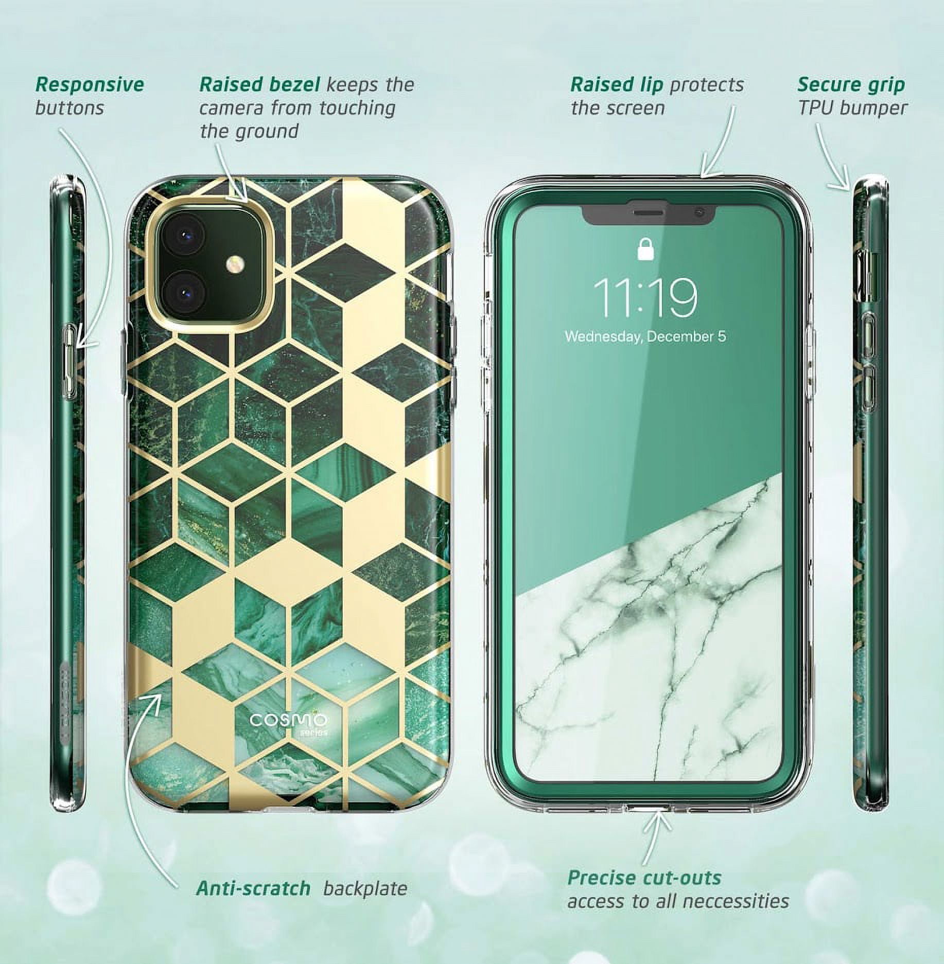i-Blason Cosmo Series Case for iPhone 11 (2019 Release), Slim Full-Body Stylish Protective Case with Built-in Screen Protector, Green, 6.1''