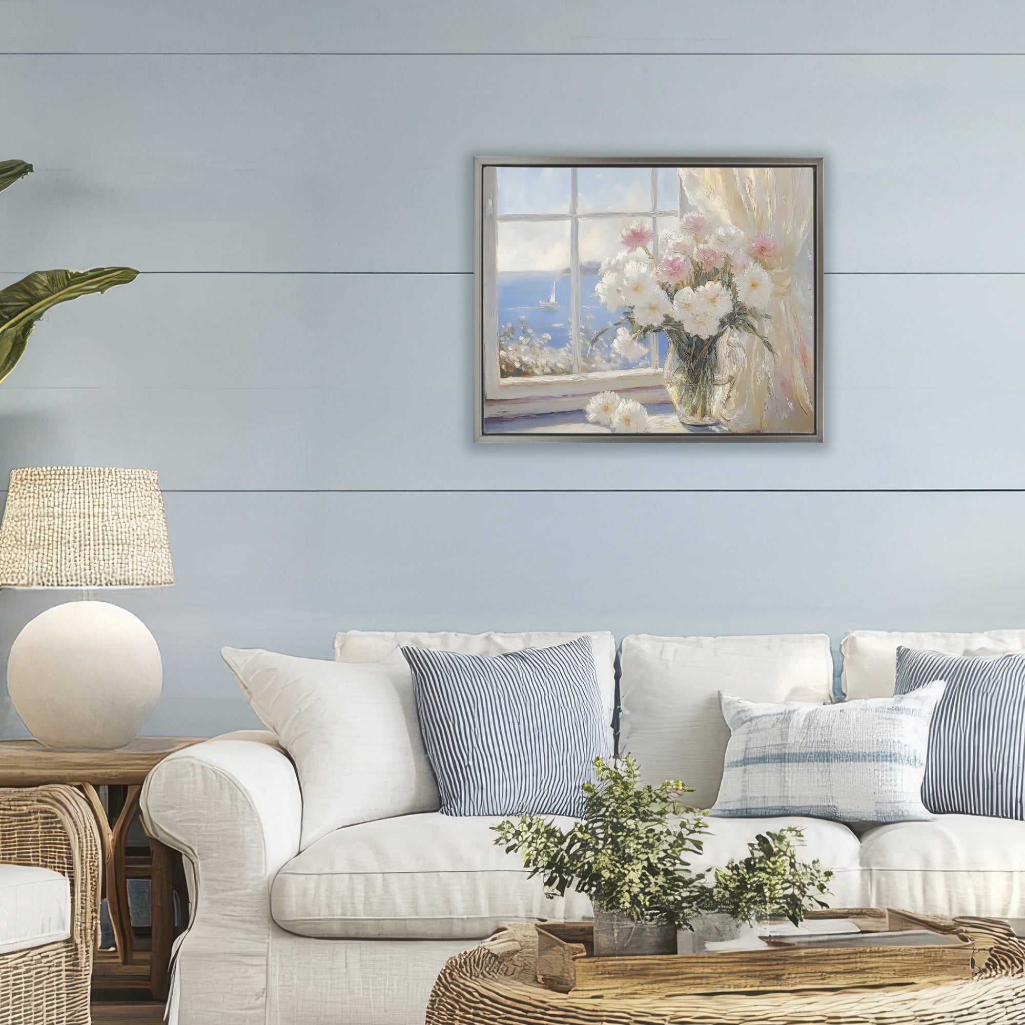 Stupell Industries Coastal View Floral Window Bouquet Gray Framed Floater Canvas Wall Art, design by LSR Design Studio