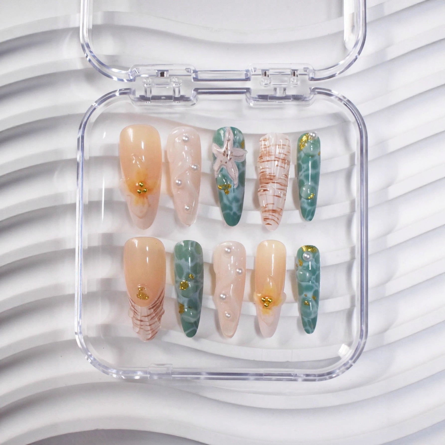 Cross-border hot sale almond fake nails 10pcs ocean wind three-dimensional shell starfish pure pearl embellishment