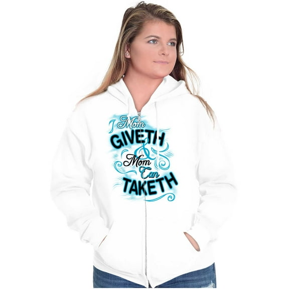 Mom Giveth and Taketh Funny Mothers Womens Plus Size Graphic Zipper Hoodie Brisco Brands 2X