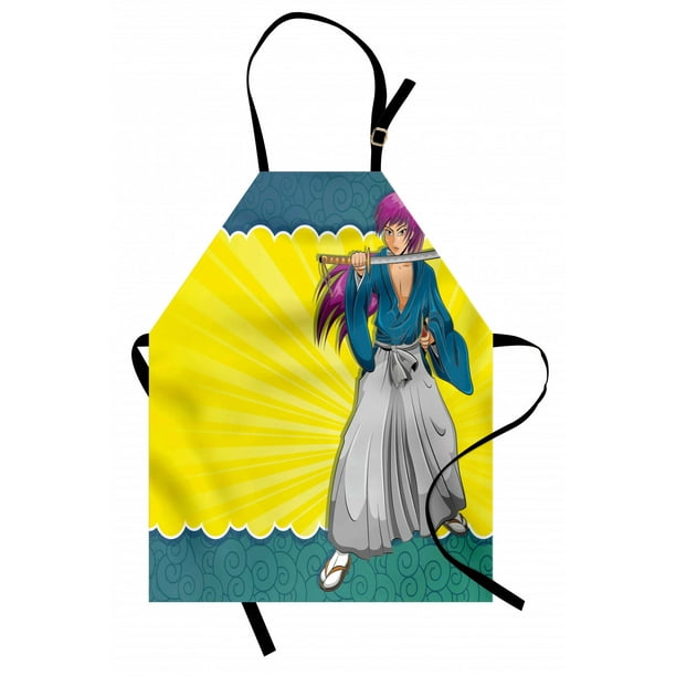 Anime Apron Manga Style Girl Samurai Warrior Character on Abstract