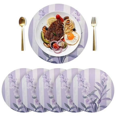 

Lilac Leaves and Stripes PVC Round Grid Placemat Table Mat Set 6 Pcs for Kitchen Dining Room 15.4 x 15.4