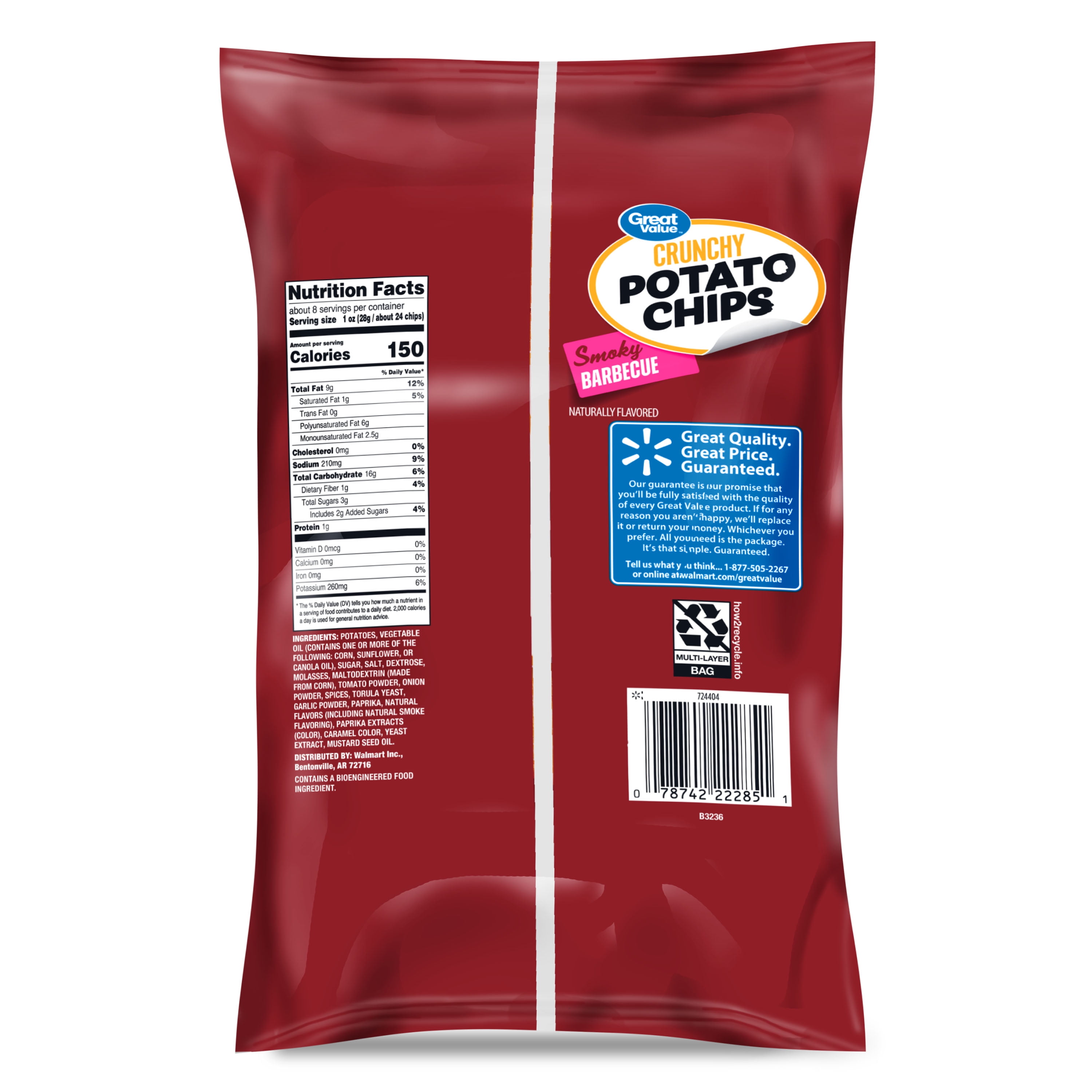 Great Value Barbecue Flavored Potato Chips, 7.75 oz