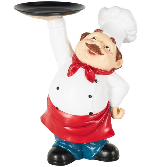 9" x 12" White Polystone Kitchen Decorative Figurine Chef Sculpture with Black Tray, by DecMode