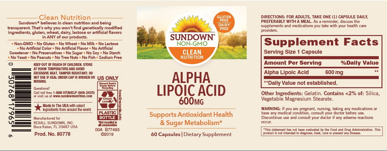 Sundown NaturalsÂ® Super Alpha Lipoic Acid 600 mg, 60 Capsules