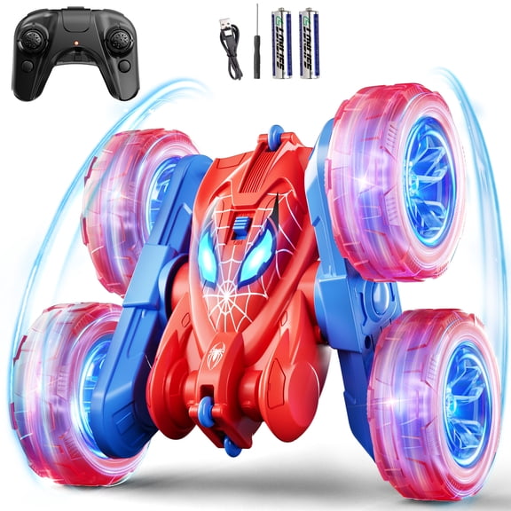 Aimlovs Remote contol car for Kids, 360° Flip Double-Sided 4WD RC Cars with LED Light Wheels, 2.4GHz Rechargeable Drift Race Toy, Ages 3-12