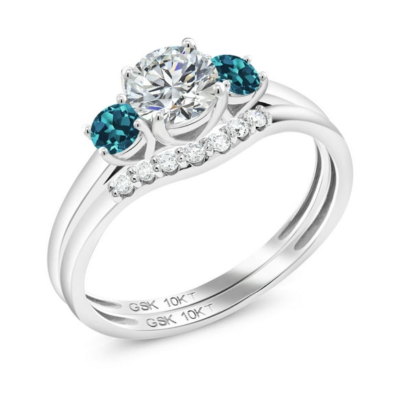 Gem Stone King 10K White Gold Lab Grown Diamond and London Blue Topaz Bridal-Sets Ring for Women | 0.82 Cttw | Round 5MM | Gemstone April Birthstone | Size 5
