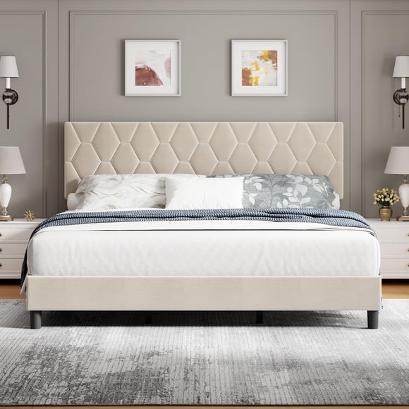 BeesClover Queen Size Bed Frame with Headboard, Queen Upholstered Bed Frame, Heavy-Duty Platform Bed Frame with Strong Wood Slats, Upholstered Mattress Foundation No Box Spring Needed