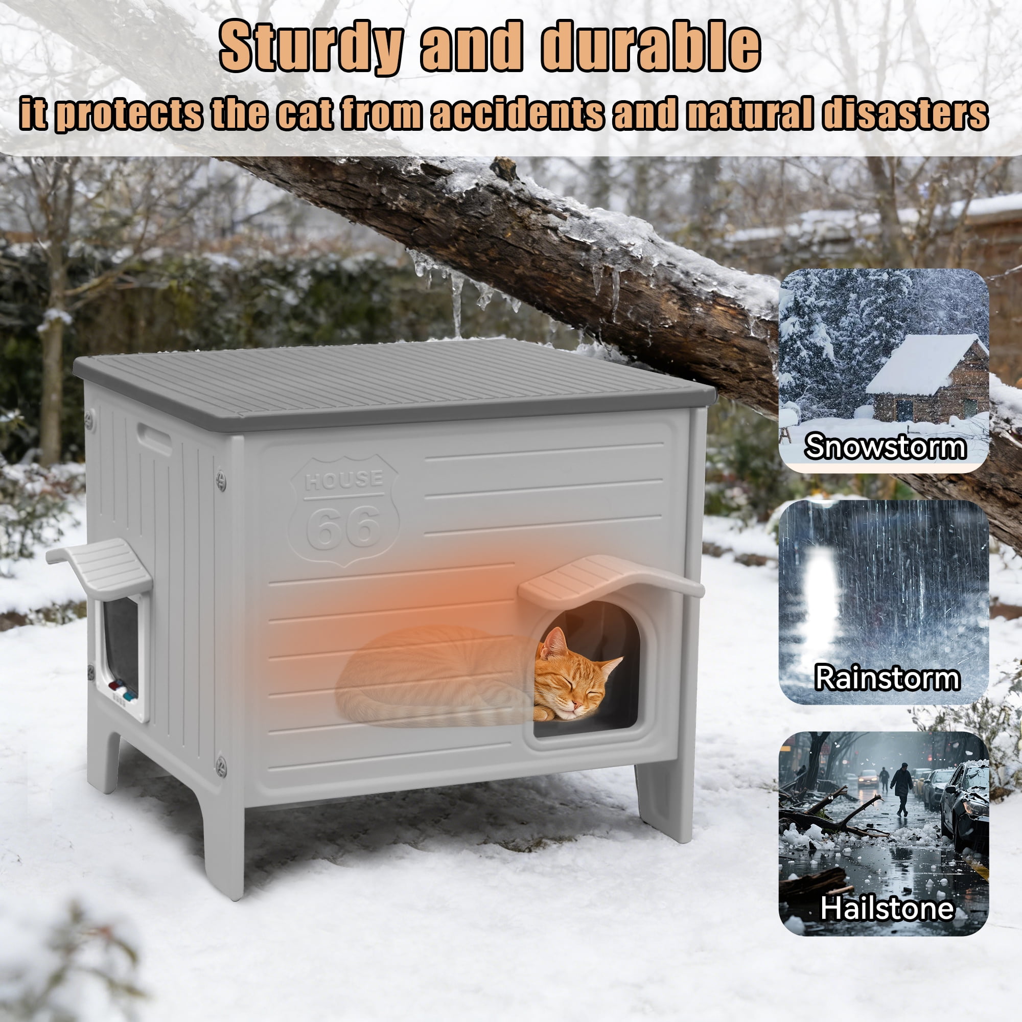 Waterproof Cat House for Outdoor Cats, Insulated Outdoor Cat House with Soft Mat, Elevated Feral Cat House Outdoor Indoor, Safe Escape Door, Spacious and Clean Easily