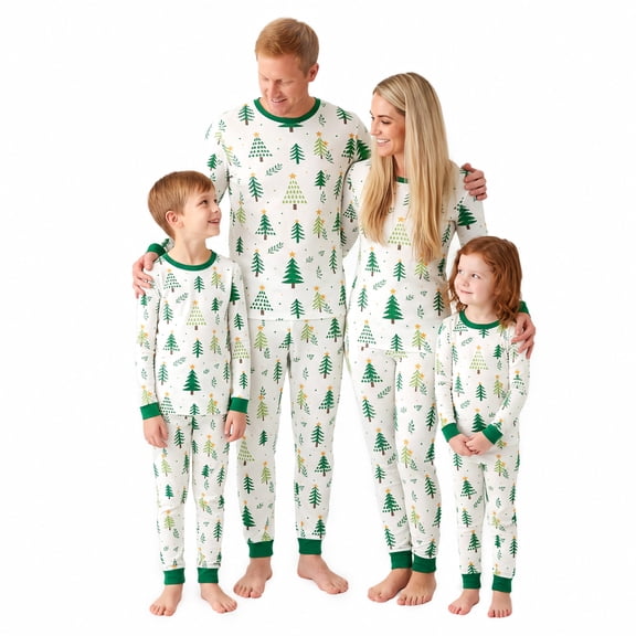 NIPAXO Matching Family Christmas Pajamas Set - Pine Tree Forest Graphic Top with Green Trim Pants for Men, Women, Kids