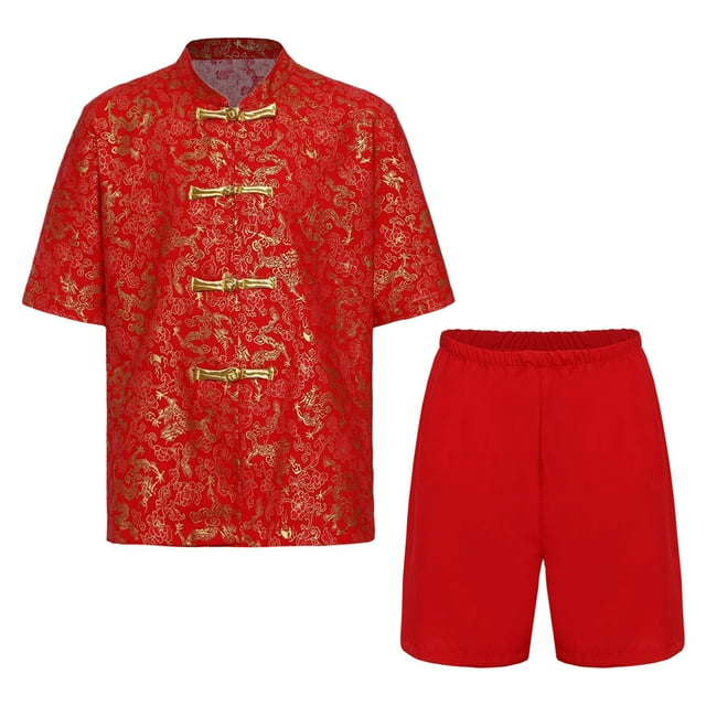Yeahdor Costume de Choeur Chinois pour Garçons Tenue Traditionnelle d'Uniforme de Kung Fu Ensemble d'Arts Martiaux pour Performance Rouge-H 160