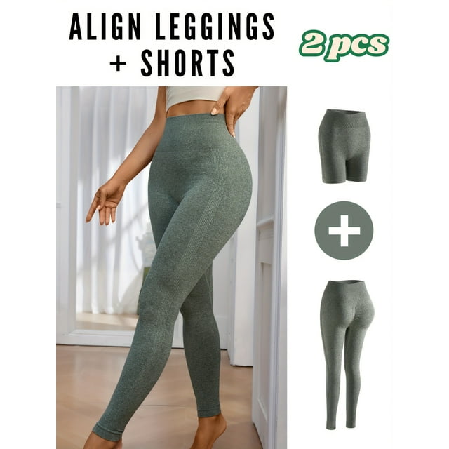 Ensemble de 2 Pcs de Leggings de Yoga Taille Haute et Shorts de Gym – Vêtements de Sport Sculptants, Extensibles et Confortables, Vert, m