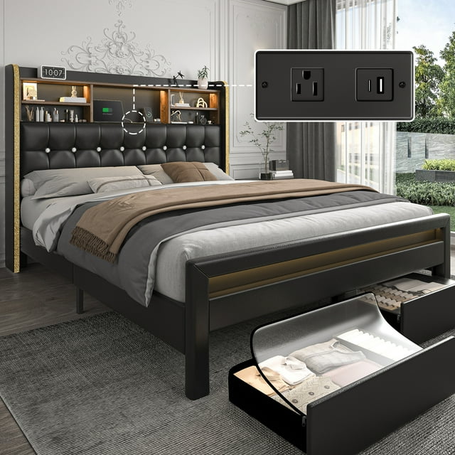 SIBEDS Cadre de Lit avec Tête de Lit Bibliothèque avec Rangement et 2 Tiroirs, Lit Capitonné Gris Lin à Ailes, Très Grand