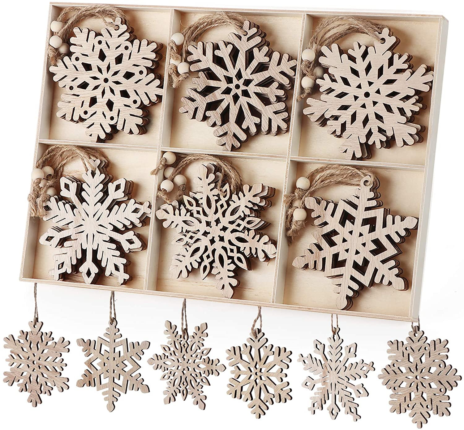 24Pcs Wooden Snowflakes Ornaments 4'' Christmas Tree Hanging Decorations  Rustic Ornament Wood Crafts