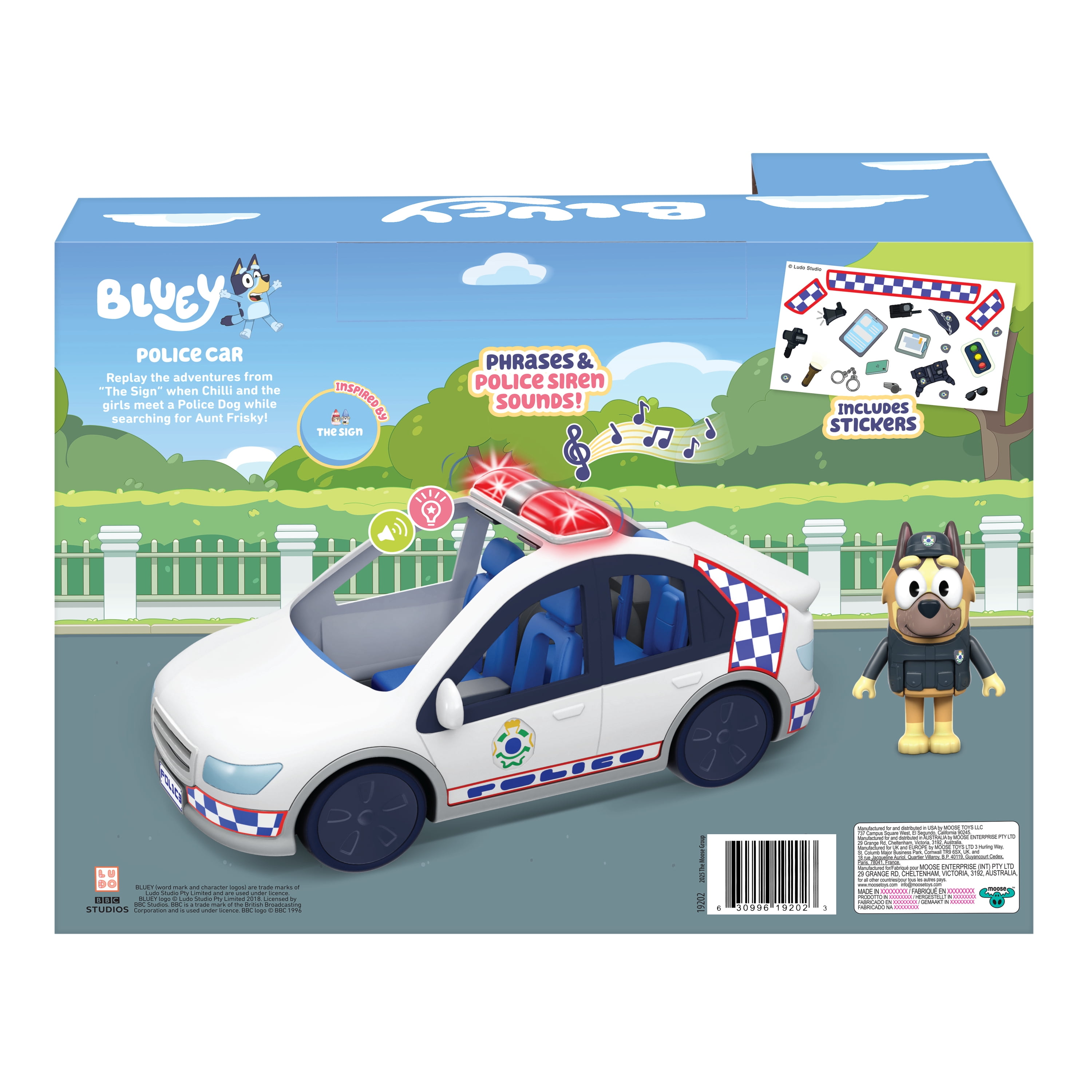 Bluey Police Car with Flashing Lights & Sounds, Policeman Figure, and Themed Sticker Set, from the Special Episode "The Sign". Batteries Incl. Ages 3+