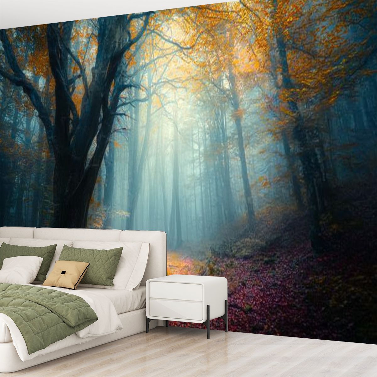 Peel and Stick Wallpaper Fairy forest fog Fall woods autumn forest fog morning Old Tree Modern Art Wall Mural Decor Self Adhesive and Removable 69in x 98in