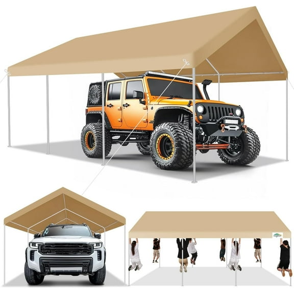 COBIZI 12x20ft Carport Heavy Duty, Portable Garage with Removable Sidewalls, Ventilated Windows & Built-in Sandbags, Car Canopy for Truck, Boat, SUV with All-Season Tarp, Waterproof, Khaki