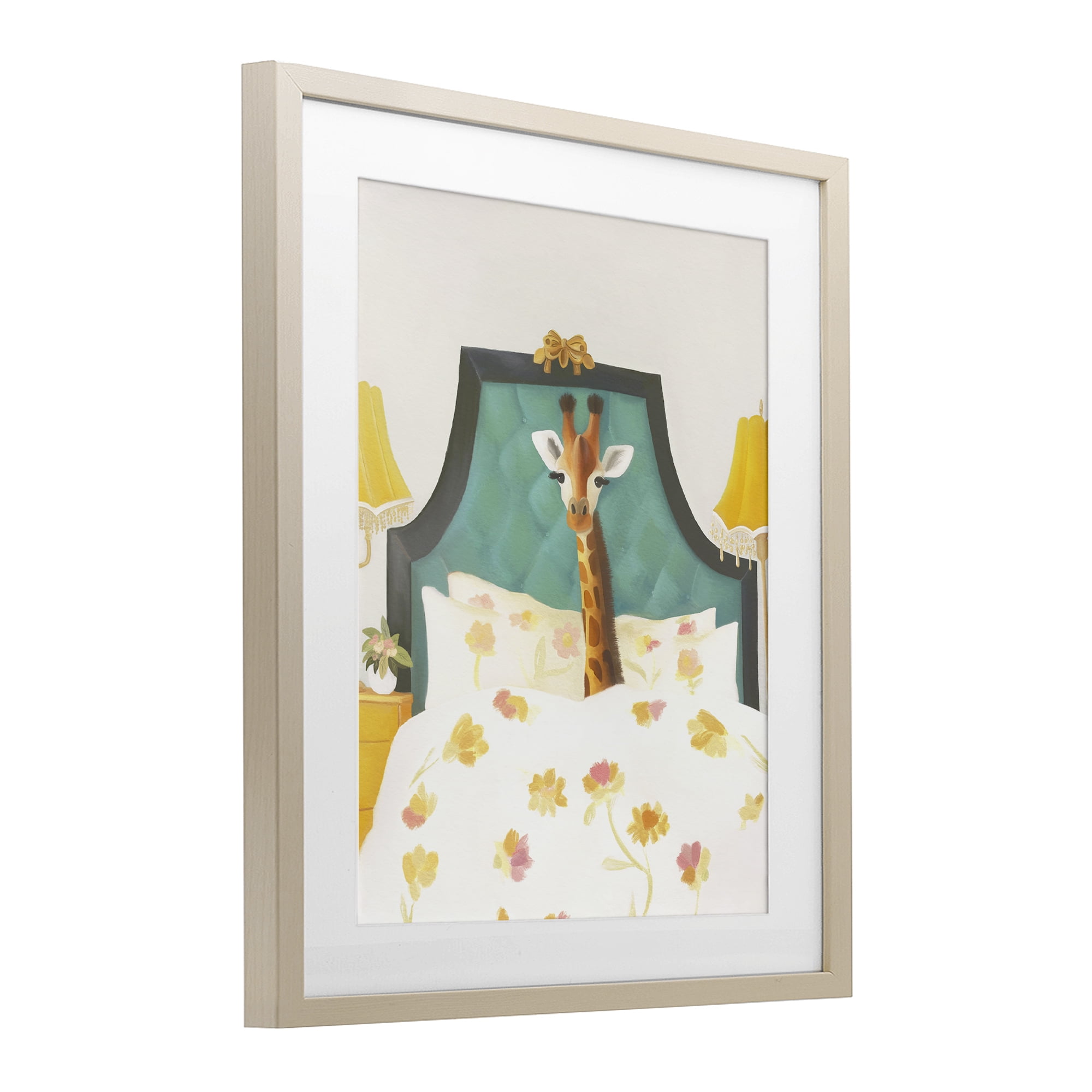 Good Morning Giraffe in Bed Birch Framed Print Under Glass, design by Leah Straatsma