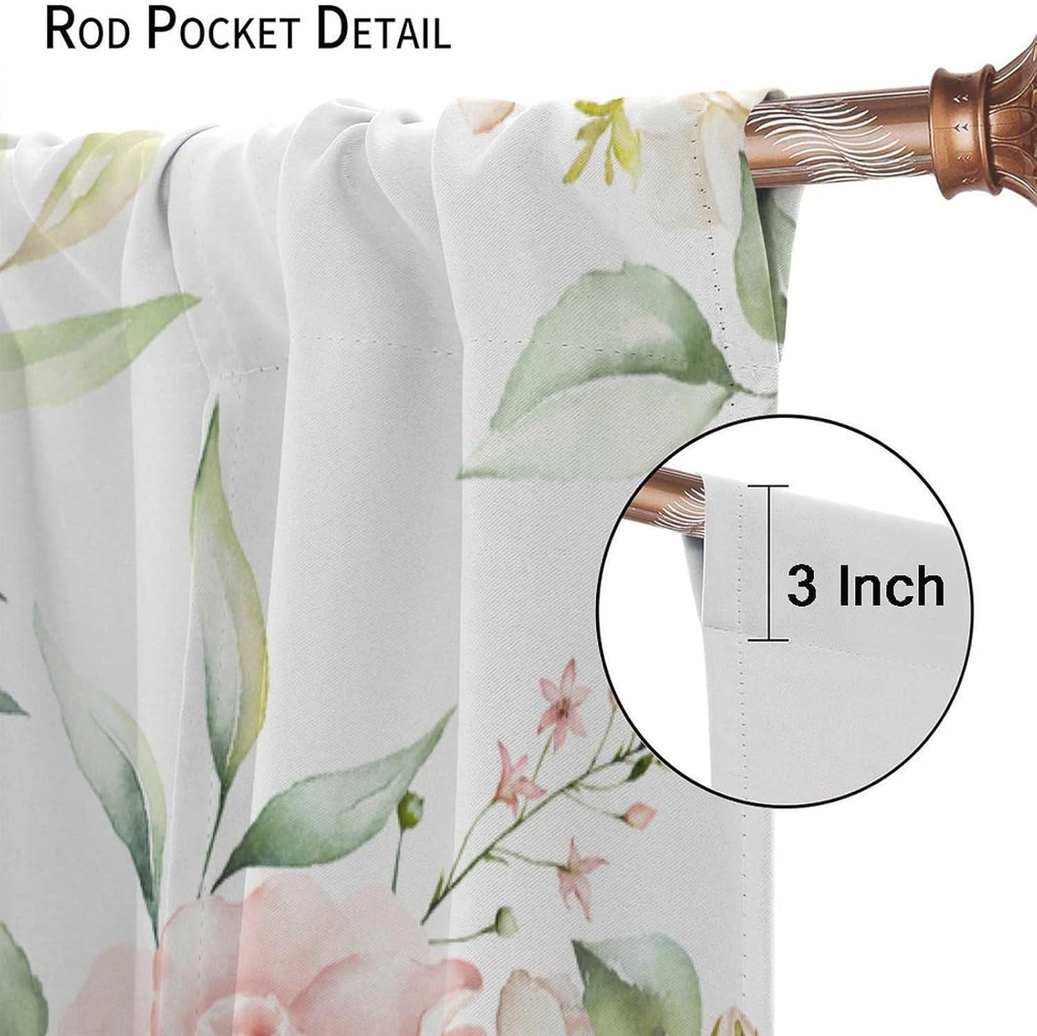 Rustic Flower Curtains Watercolor Pink Floral Green Leaves Natural Pattern Blackout Print Rod Pocket Window Drapes for Bedroom Living Room 52x84in