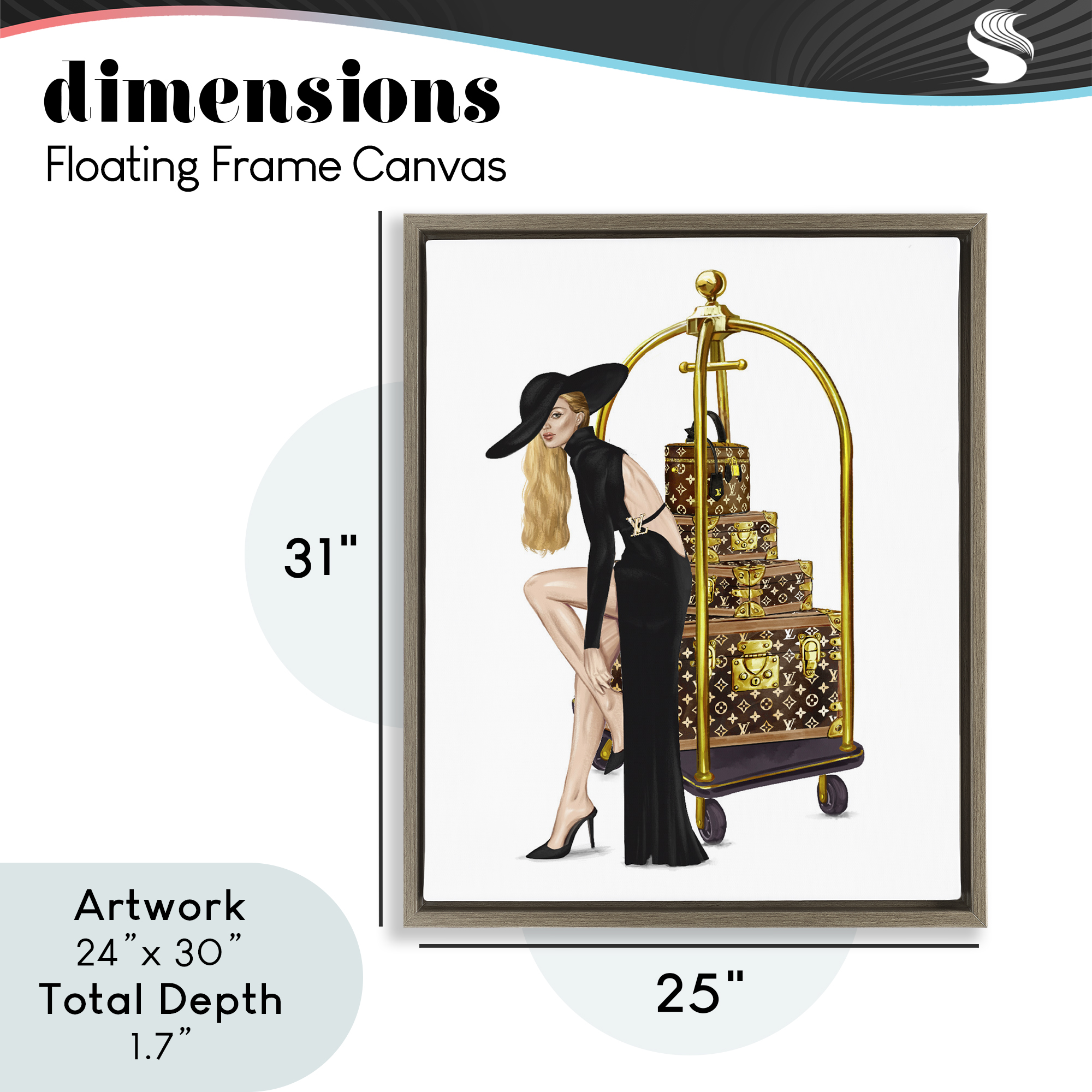 Fashionista with Hotel Luggage Brown Framed Floater Canvas Wall Art, design by Ziwei Li