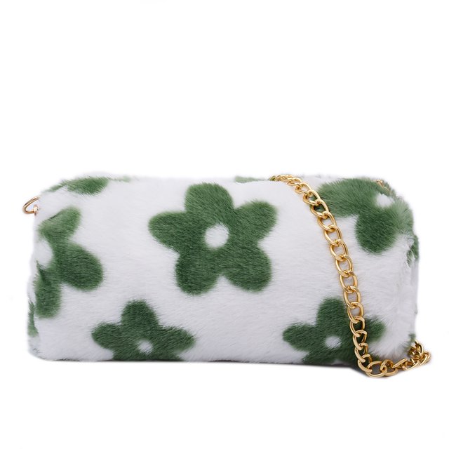Sywqhk Bonito Bolso De Hombro Con Cilindro De Flores Para Mujer, Cadena De Invierno, Monedero De Felpa (Verde) Sywqhk Para estrenar