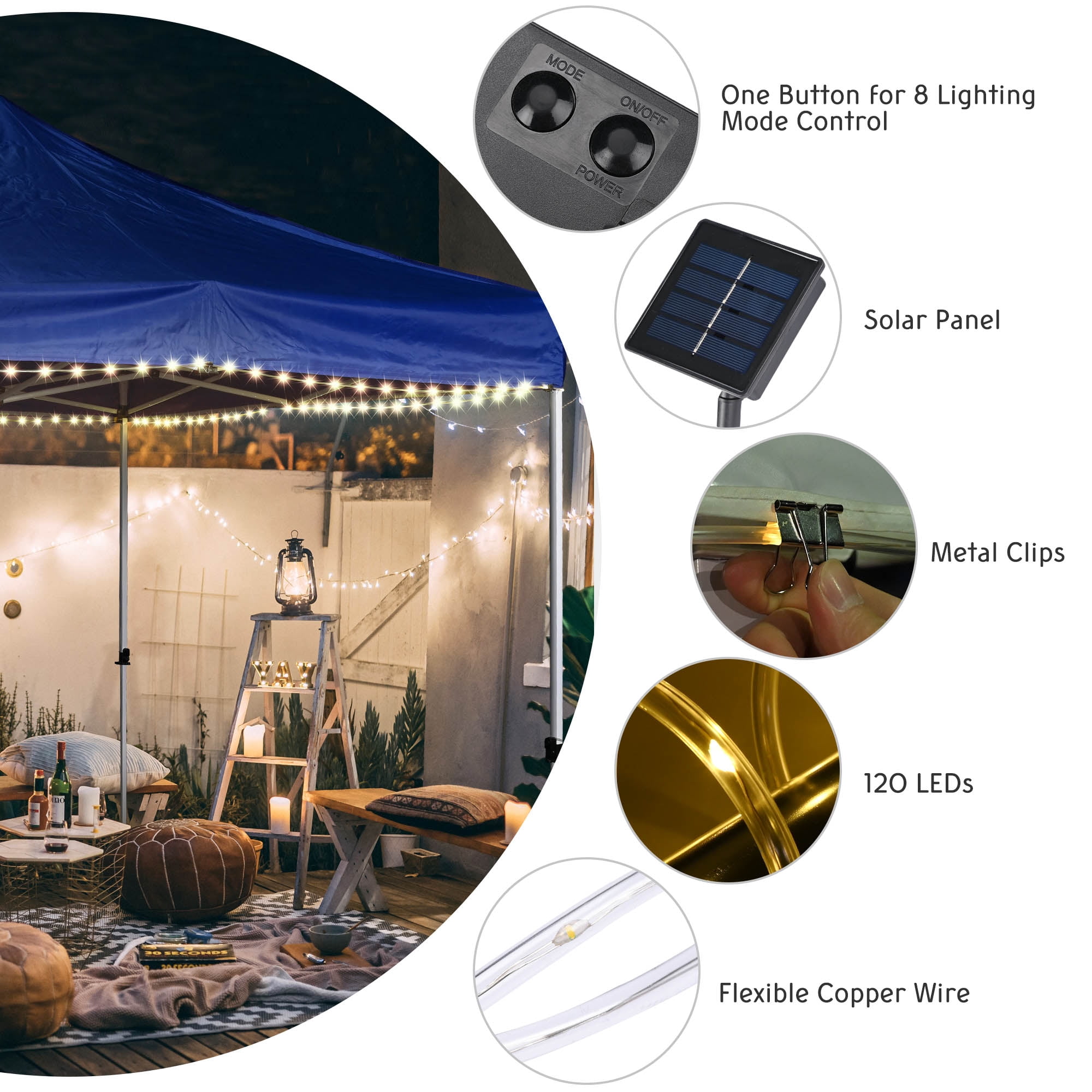 InstaHibit 40Ft Solar 120LED Canopy String Light 8 Mode Party Outdoor Garden Patio Umbrella Lawn Wedding Decor with Clip