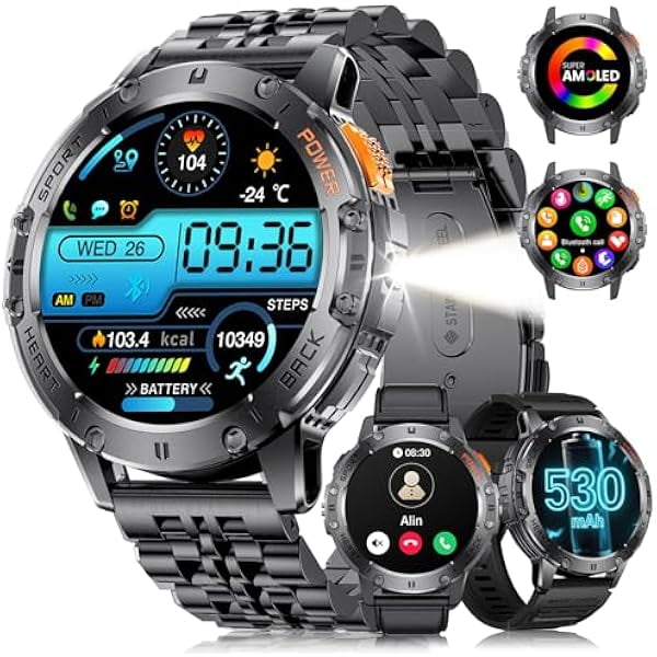 wonima44 LIGE 1.43" AMOLED Smart Watch for Men with Flashlight, Bluetooth Calling, 100+ Sport Modes, 530mAh, IP68 Waterproof Fitness Tracker for Workout, iOS Android Compatible, Black Steel Leather