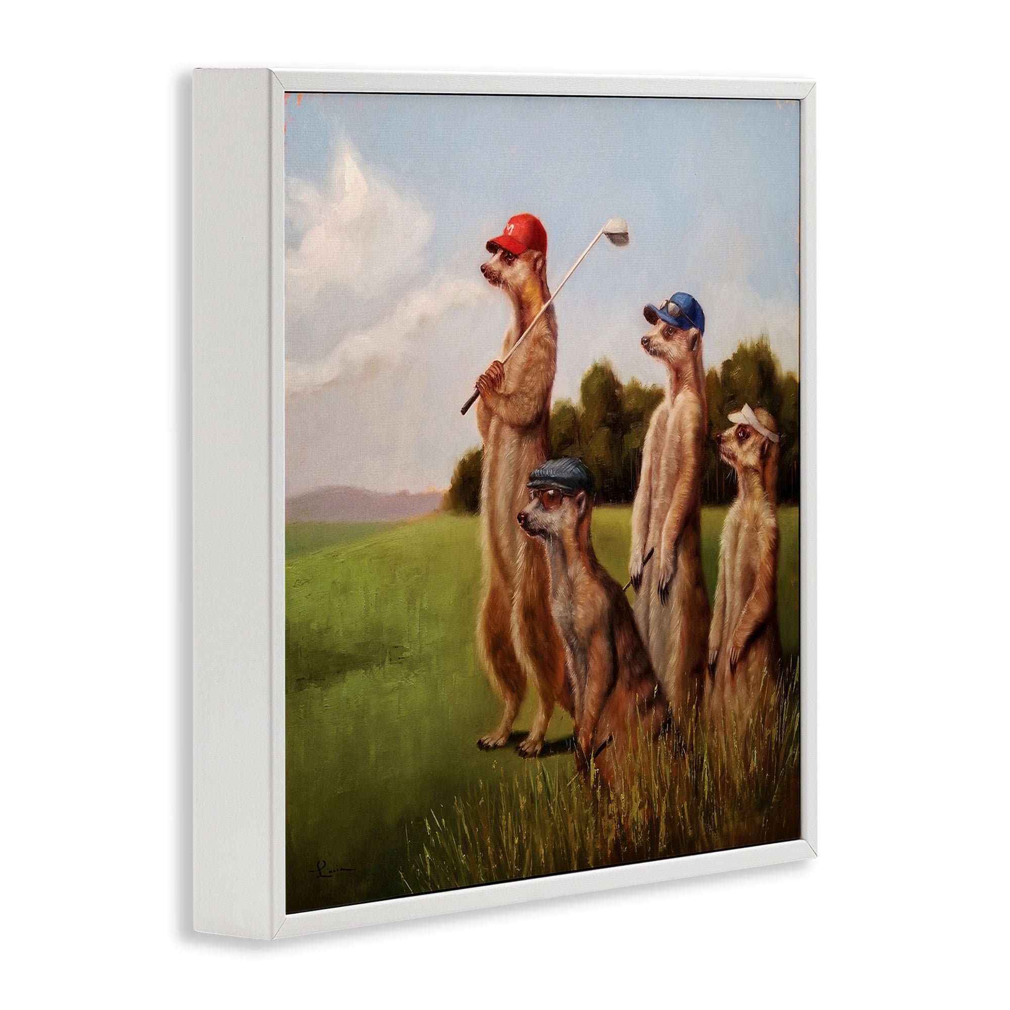 Stupell Industries Meerkats Playing Golf Animals & Insects Painting White Framed Art Print Wall Art, 12 x 12