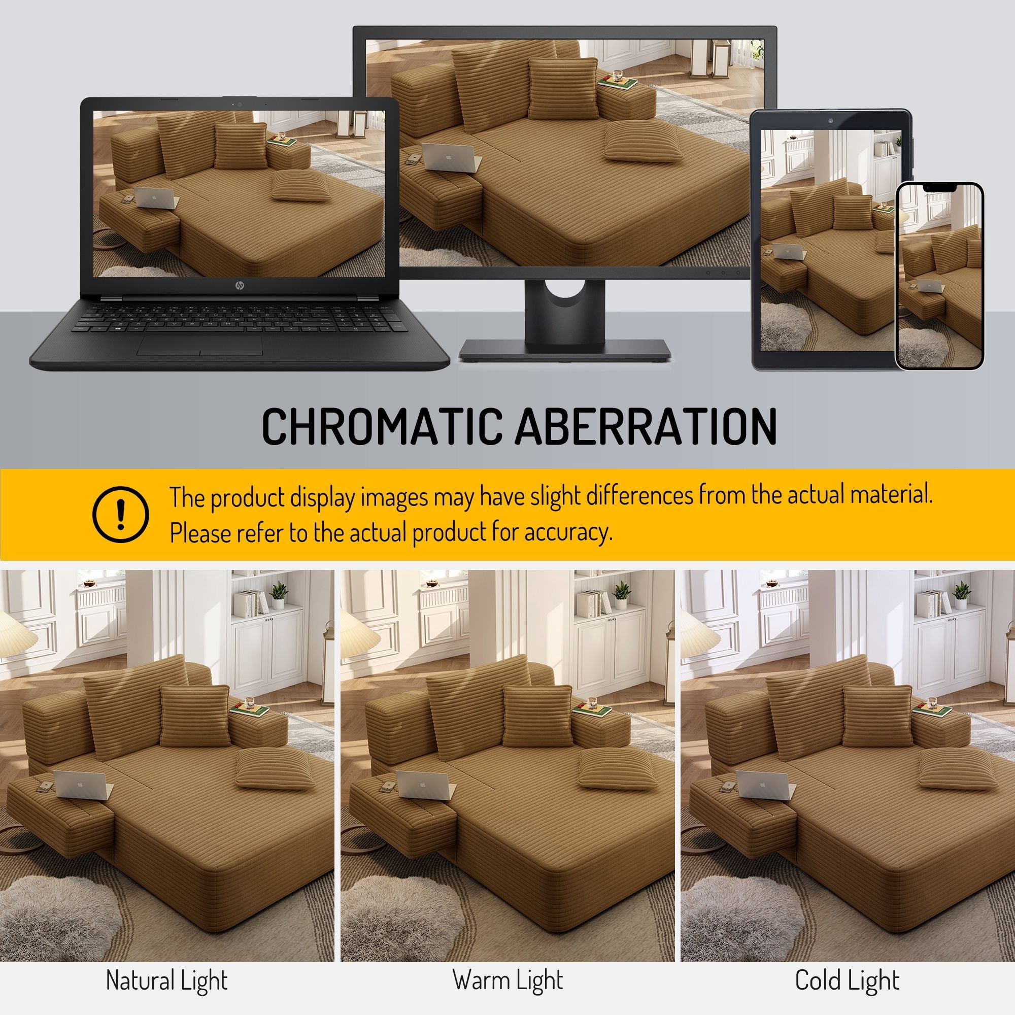 Alvantor Oversized Corduroy Convertible Chaise Lounge Sofa Bed, Camel